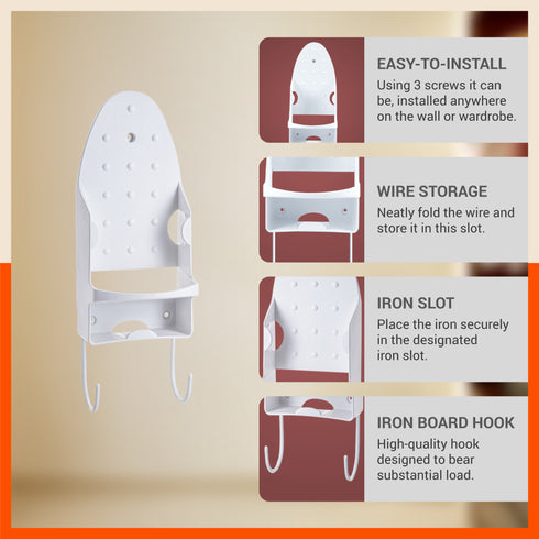Bathla Heat Resistant Wall Mounted Iron Board Holder with Steel Hooks | Space Saving Design - Organised Cables | White